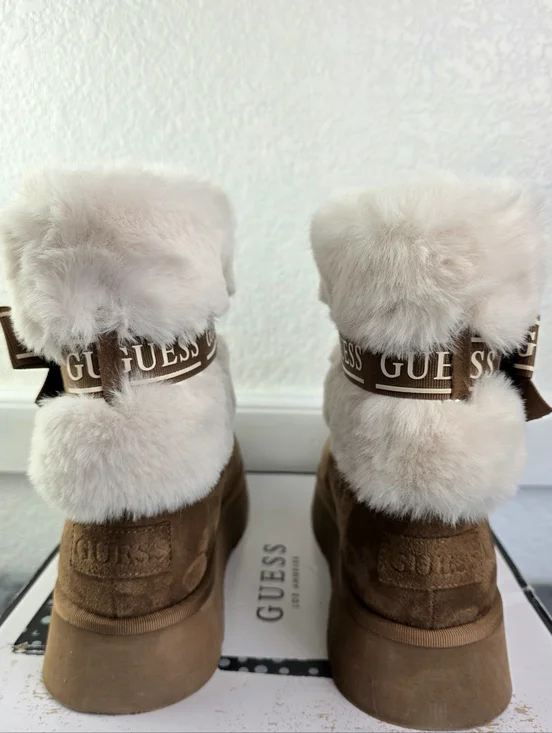 Guess Denla Booties Furry Suede On Platform Soles, Logo Bow & Pin - Picture 8 of 15